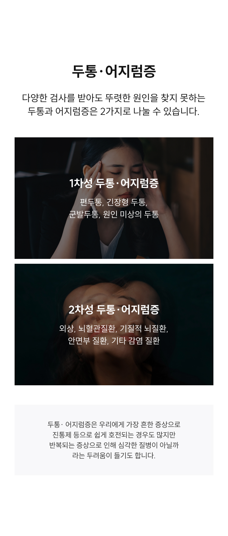 두통·어지럼증은 1차성(편두통, 긴장형 두통, 군발두통, 원인 미상)과 2차성(외상, 뇌혈관질환, 안면부 질환 등)으로 나뉩니다