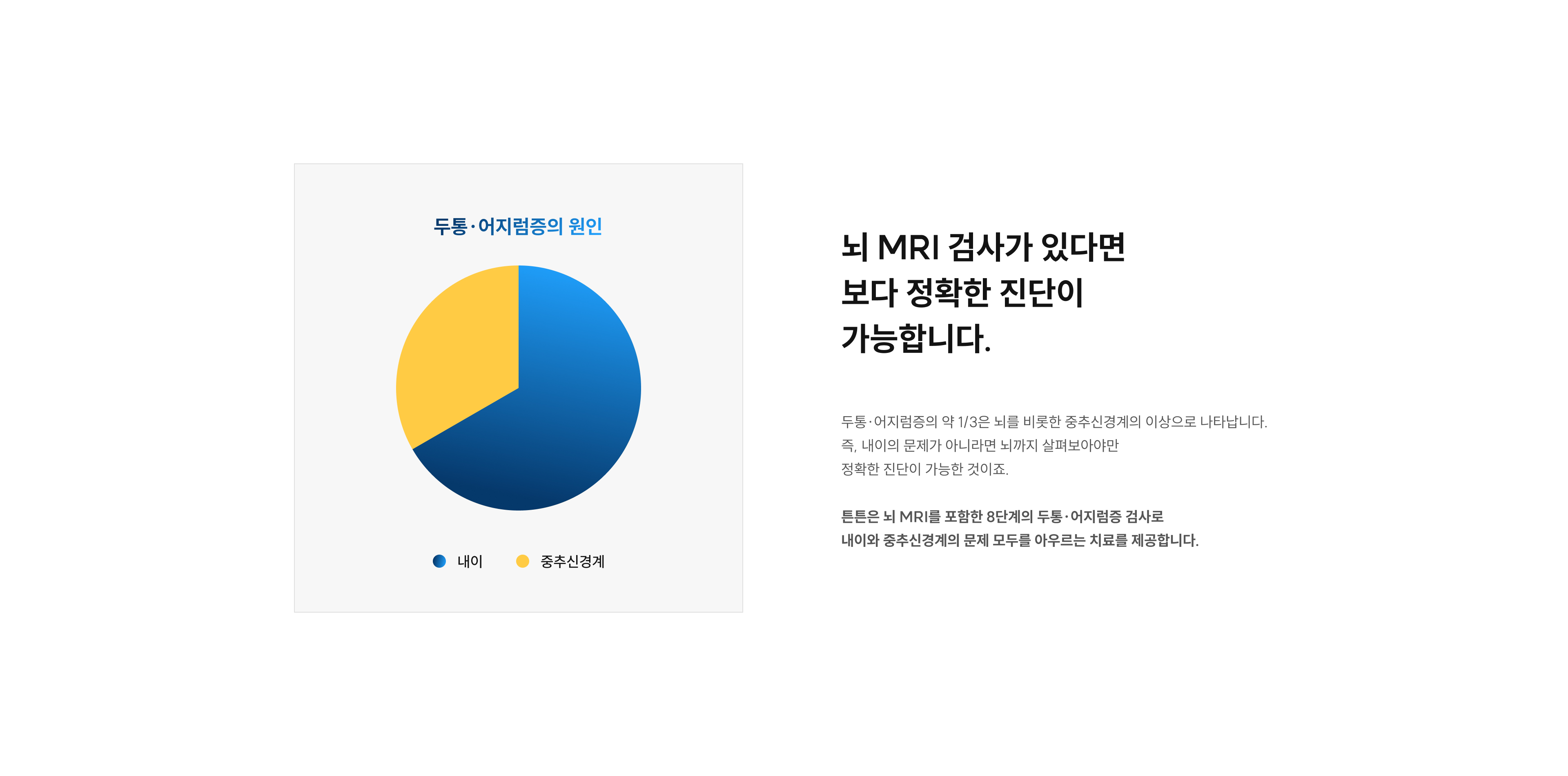 두통·어지럼증의 원인 - 뇌 MRI 검사로 내이 문제와 중추신경계 이상을 함께 진단합니다 (내이 원인 약 2/3, 중추신경계 원인 약 1/3)