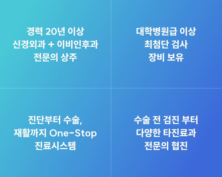 경력 20년 이상 신경외과+이비인후과 전문의 상주, 대학병원급 최첨단 검사장비 보유, 진단부터 수술·재활까지 One-Stop 진료시스템, 수술 전 검진부터 타진료과 전문의 협진