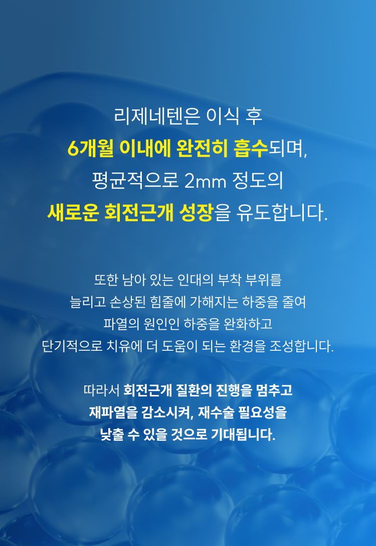 리제네텐은 이식 후 6개월 이내에 완전히 흡수되며, 평균적으로 2mm 정도의 새로운 회전근개 성장을 유도합니다