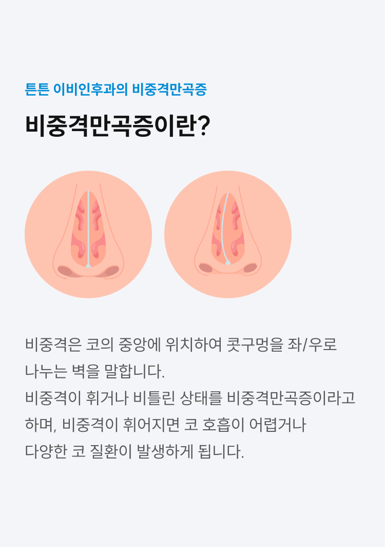 비중격만곡증이란? 콧구멍을 좌우로 나누는 비중격이 휘거나 비틀린 상태로, 코 호흡 장애와 다양한 코 질환을 일으킵니다