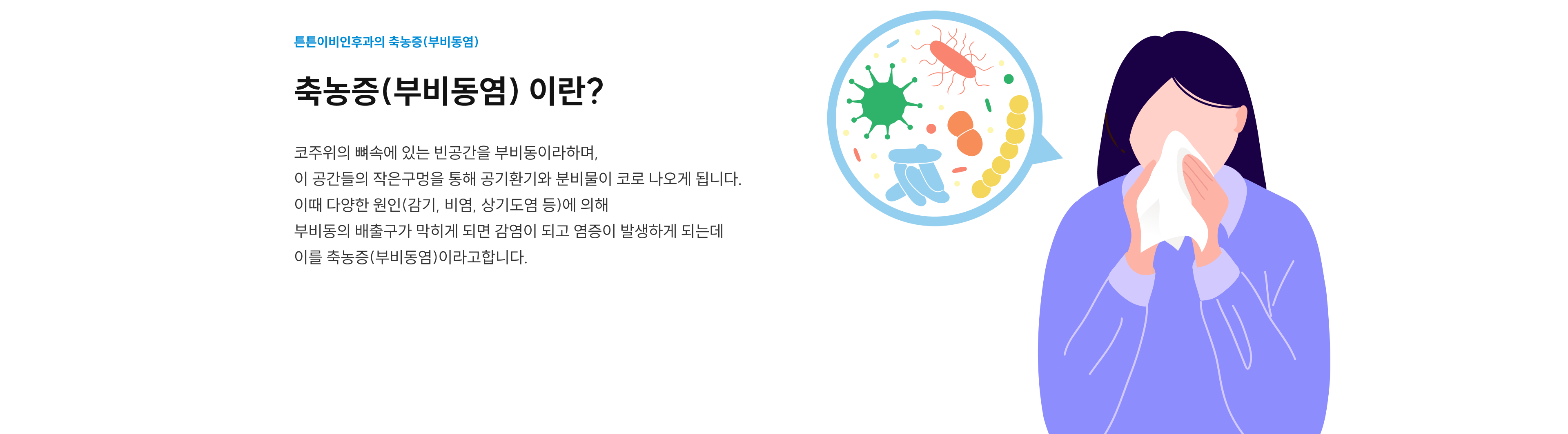 축농증(부비동염)이란? 코 주위 뼈 속 빈공간인 부비동의 배출구가 막혀 감염과 염증이 생기는 질환