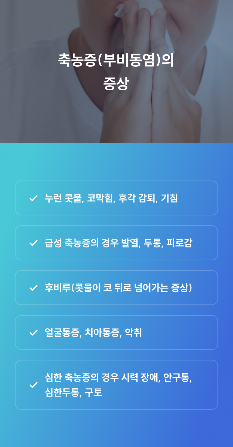 축농증(부비동염)의 증상 - 누런 콧물·코막힘·후각 감퇴·기침, 발열·두통·치통, 후비루, 얼굴·치아 통증, 심하면 시력 장애