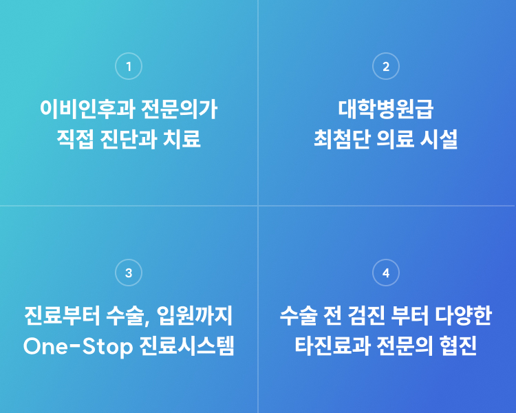 이비인후과 전문의 직접 진단·치료, 대학병원급 최첨단 검사장비, 진단부터 수술·재활까지 One-Stop 진료시스템, 수술 전 검진부터 다양한 타진료과 전문의 협진